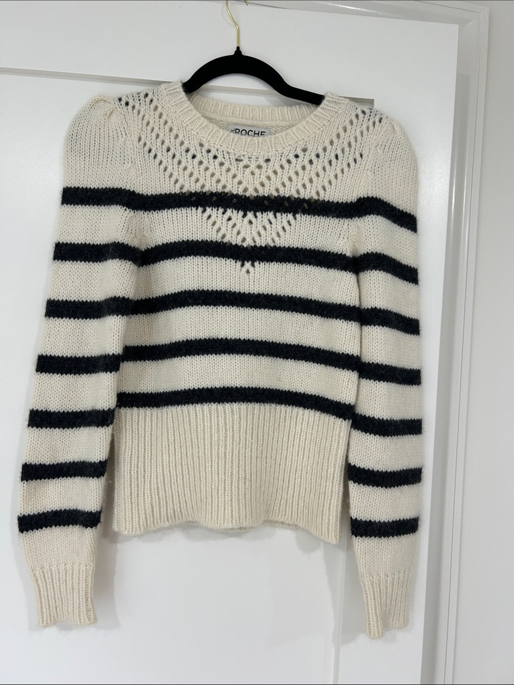 St Roche Cream & Black Striped Open-Knit Crew Sweater
